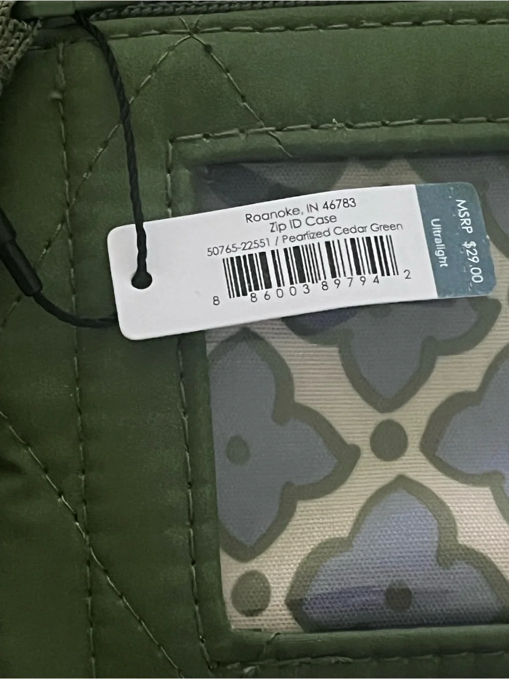 Vera Bradley Zip ID case in Pearlized Cedar Green